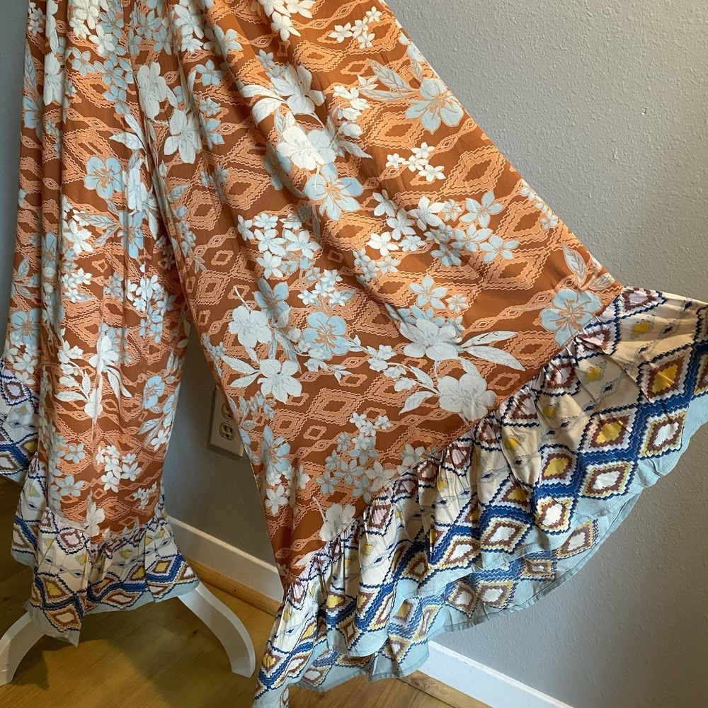 Angie Boho Mixed Print Halter Jumpsuit L | Wide Leg Ruffle Hem Festival Style - Picture 6 of 11